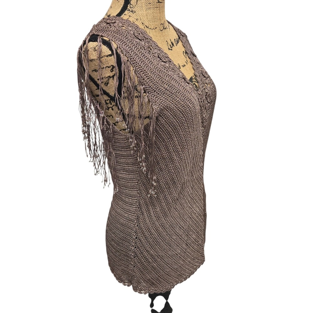 The Limited Hand Knit Tank Top Womens L Brown Crochet Fringe Boho Hippie EUC - Picture 4 of 9